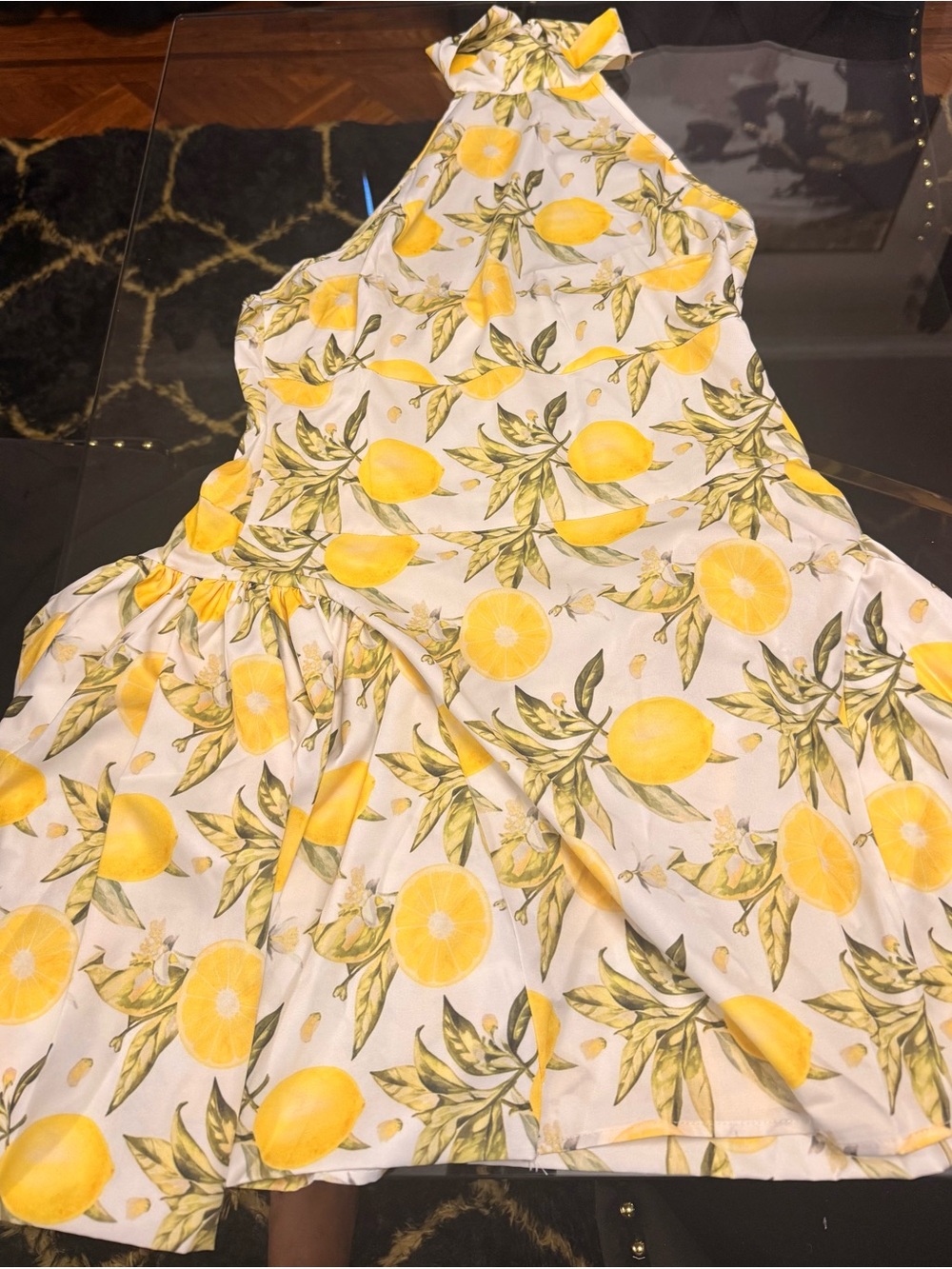 Girls Lemon Print Halter Dress - Yellow